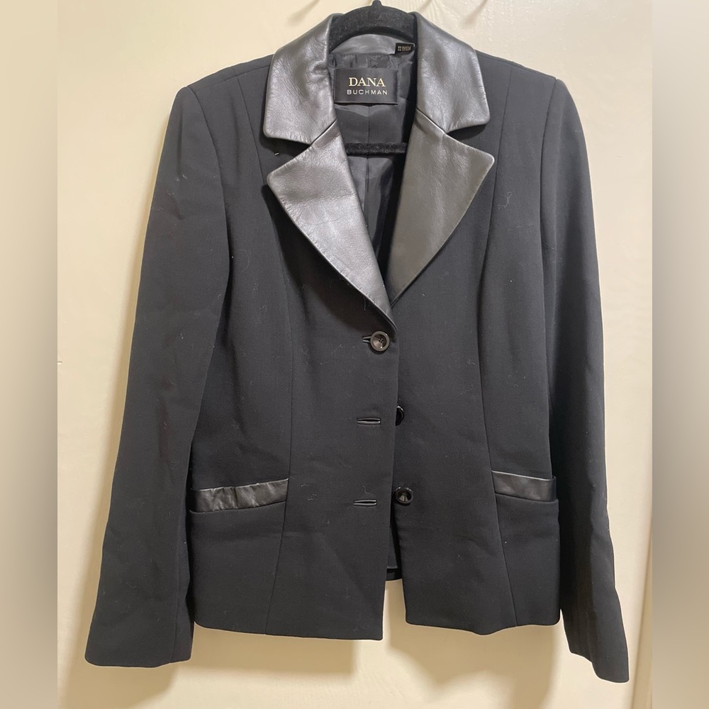 Vintage Dana Buchman Black Blazer w/ Leather Trim | Size 6 | 90s Minimalist